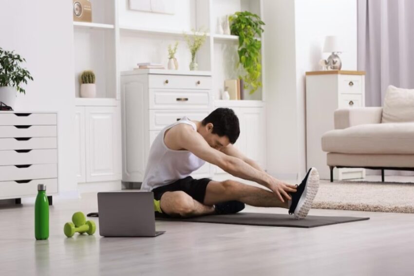 Home workout with no equipment on a mat.