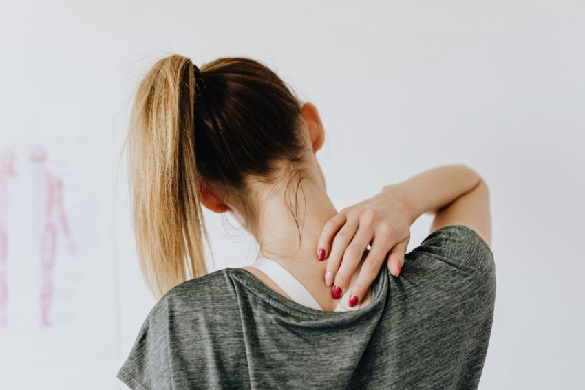 Tech neck exercises for cervical pain relief at desk.